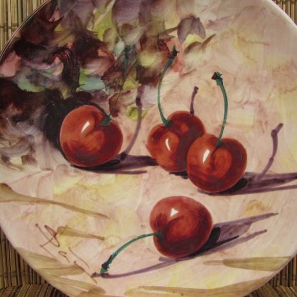 Vintage Peasant Village Italian Pottery Hand Painted Fruit Cherries 8.25" Plate - Picture 4 of 10